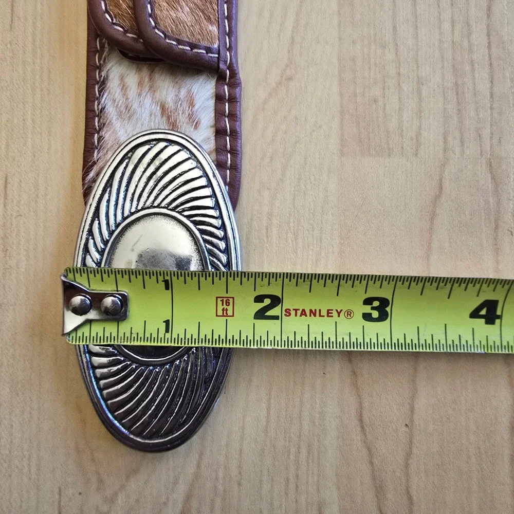 Western Calf Hair Faux‎ Leather Belt with Pouches Tan White Silver Buckle 32in